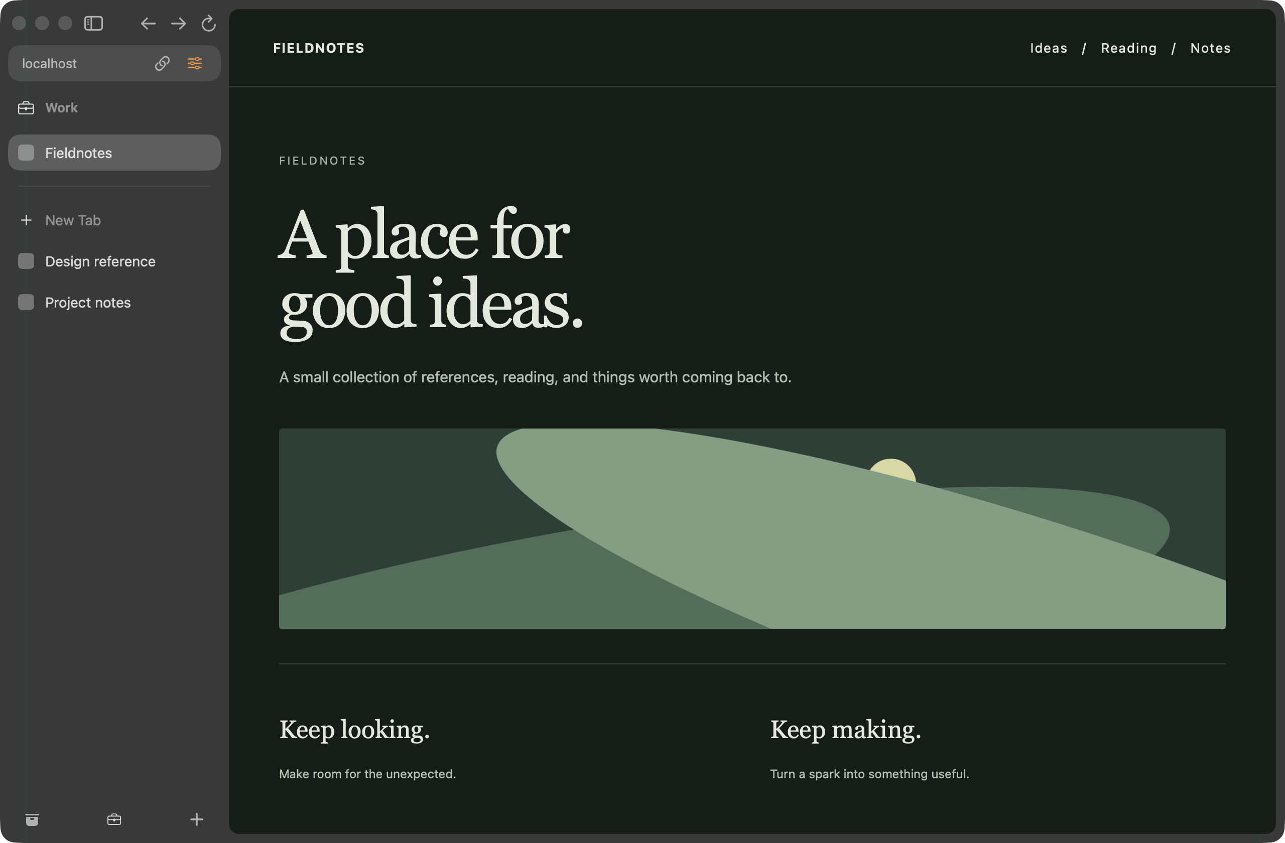 Vane in dark mode with a Work Space, pinned Fieldnotes tab, and project tabs.