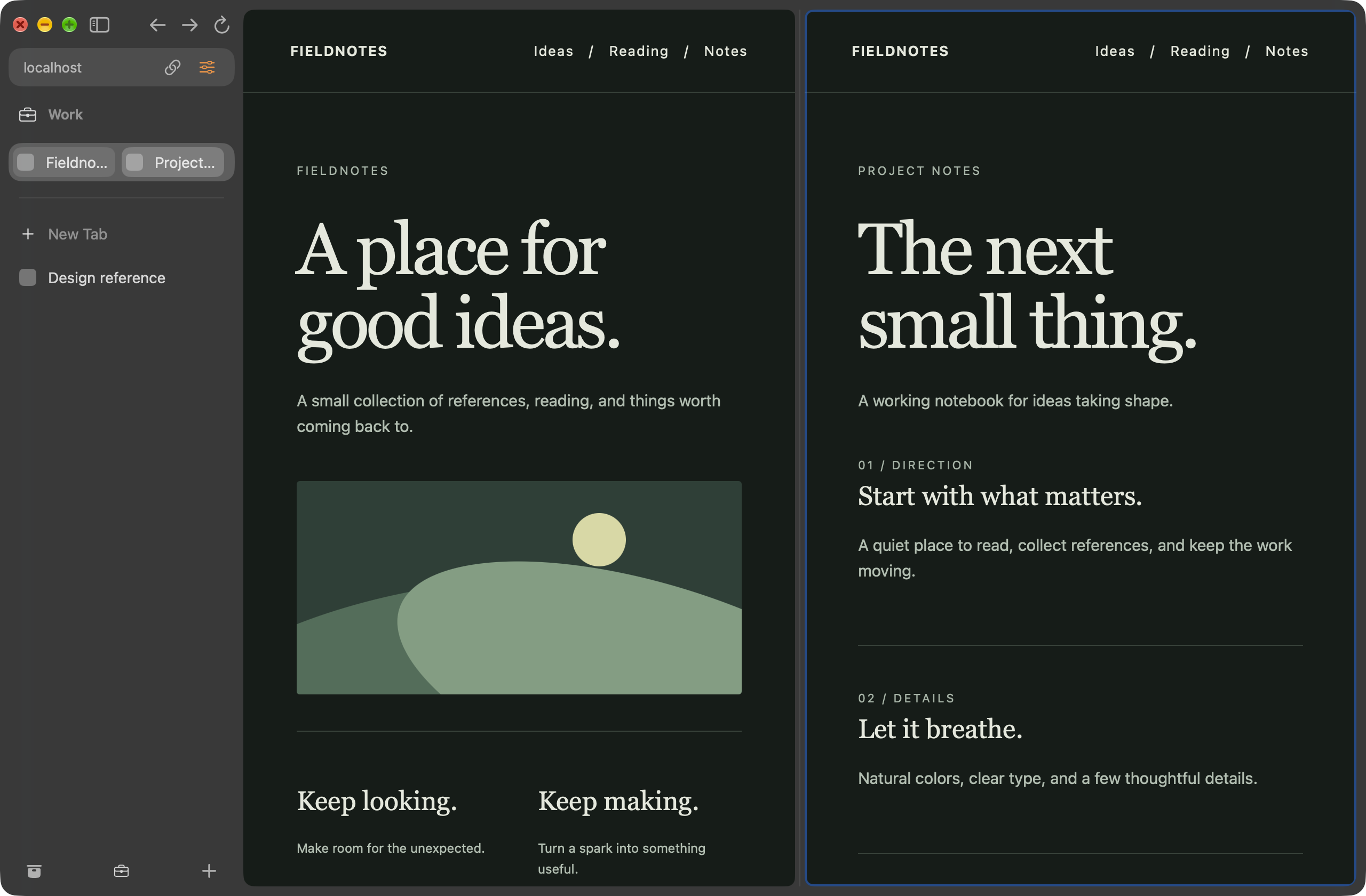 Vane in dark mode showing Fieldnotes and Project notes side by side in Split View.